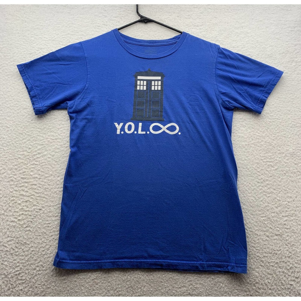 Dr. Who Graphic T-Shirt Mens Small S Tardis The Doctor YOLO BBC TV SciFi Blue‎